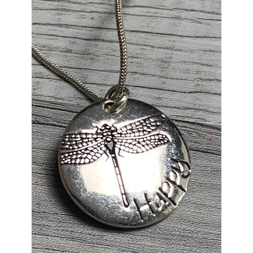 Dragonfly Happy Disc Pendant Necklace Silver Tone Snake Chain 20 Inch Adjustable